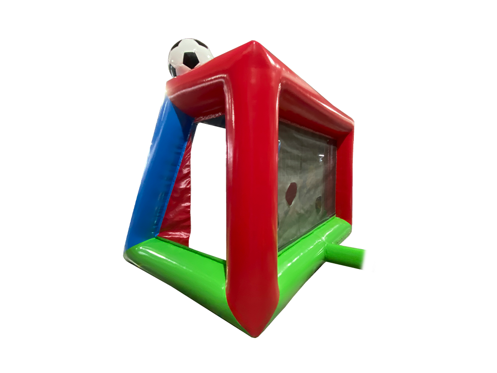 Airquee 3D Football Shootout inflatable game with a red, blue, and green frame and a 3D inflatable football on top.