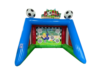 Airquee 3D Football Shootout inflatable game with giant goal header, target holes, and 3D footballs on the roof.