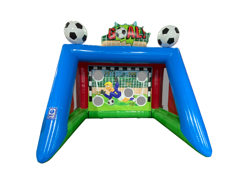 Airquee 3D Football Shootout inflatable game with giant goal header, target holes, and 3D footballs on the roof.