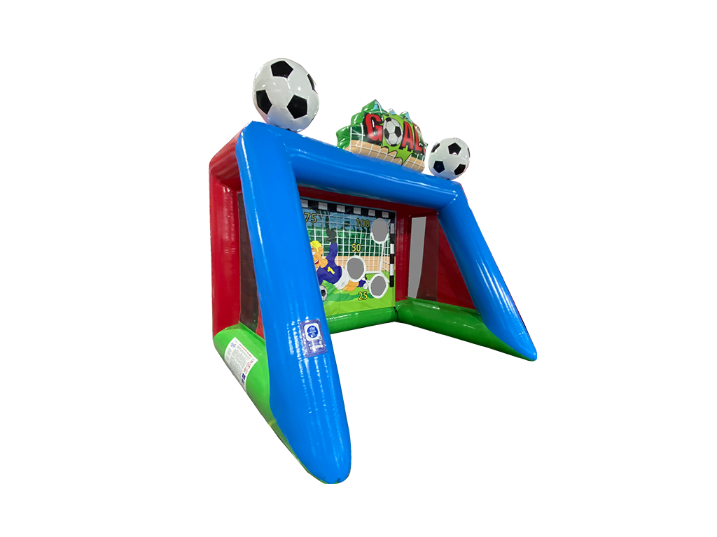 Airquee 3D Football Shootout inflatable game with giant goal header and two 3D footballs on a blue and red frame.