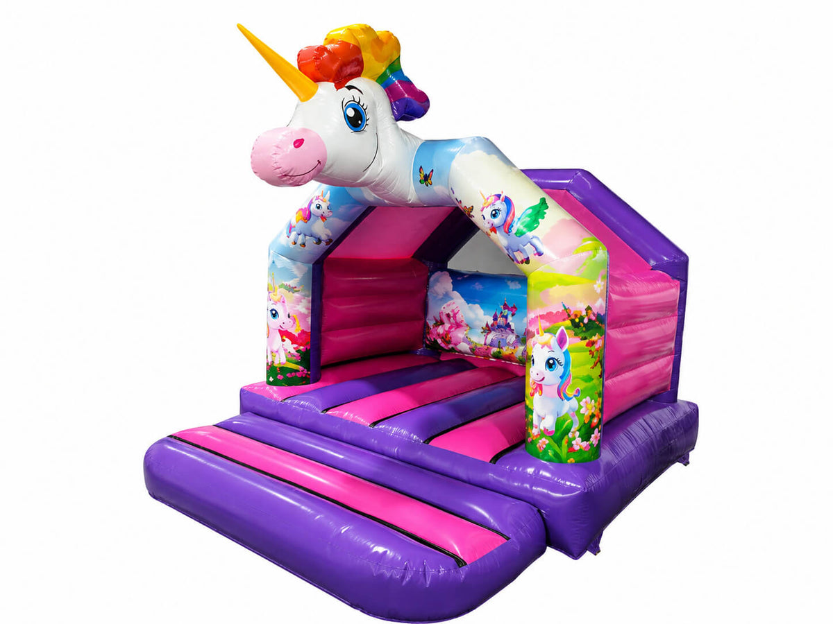 Airquee 4x4m A-frame bouncy castle featuring a large 3D unicorn head, pink and purple colours, and fantasy artwork.