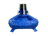 Airquee 9ft blue and white inflatable slide with an attached splash pool for outdoor summer events.
