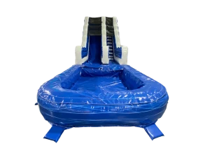 Airquee 9ft blue and white inflatable slide with an attached splash pool for outdoor summer events.