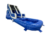 Airquee 9ft blue and white inflatable slide with an attached splash pool for outdoor children's parties.