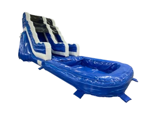 Airquee 9ft blue and white inflatable slide with an attached splash pool for outdoor children's parties.