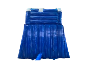 Airquee 9ft blue and white inflatable slide with an attached splash pool for commercial outdoor events.