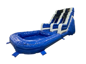 Airquee 9ft blue and white inflatable slide with an attached splash pool for commercial outdoor use.