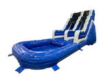 Airquee 9ft blue and white inflatable slide with an attached splash pool for commercial outdoor use.