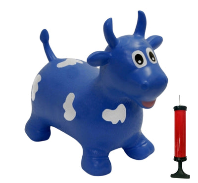 Airquee Blue Bull Happy Hopperz inflatable ride-on toy with white patches, horns, and an included red hand pump.