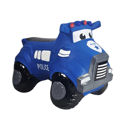 Airquee blue police truck Happy Hopperz inflatable ride-on toy with friendly face and police graphics for toddlers