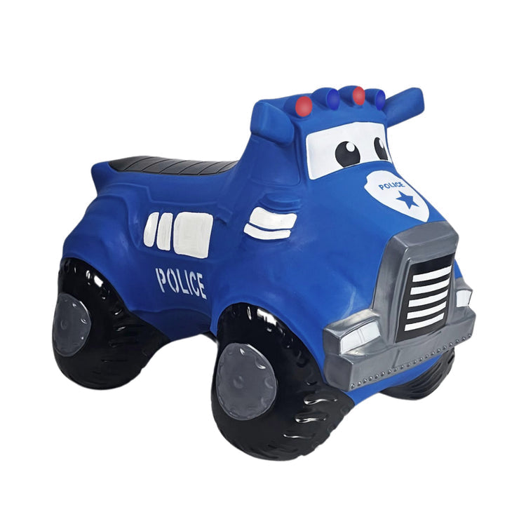 Airquee blue police truck Happy Hopperz inflatable ride-on toy with friendly face and police graphics for toddlers