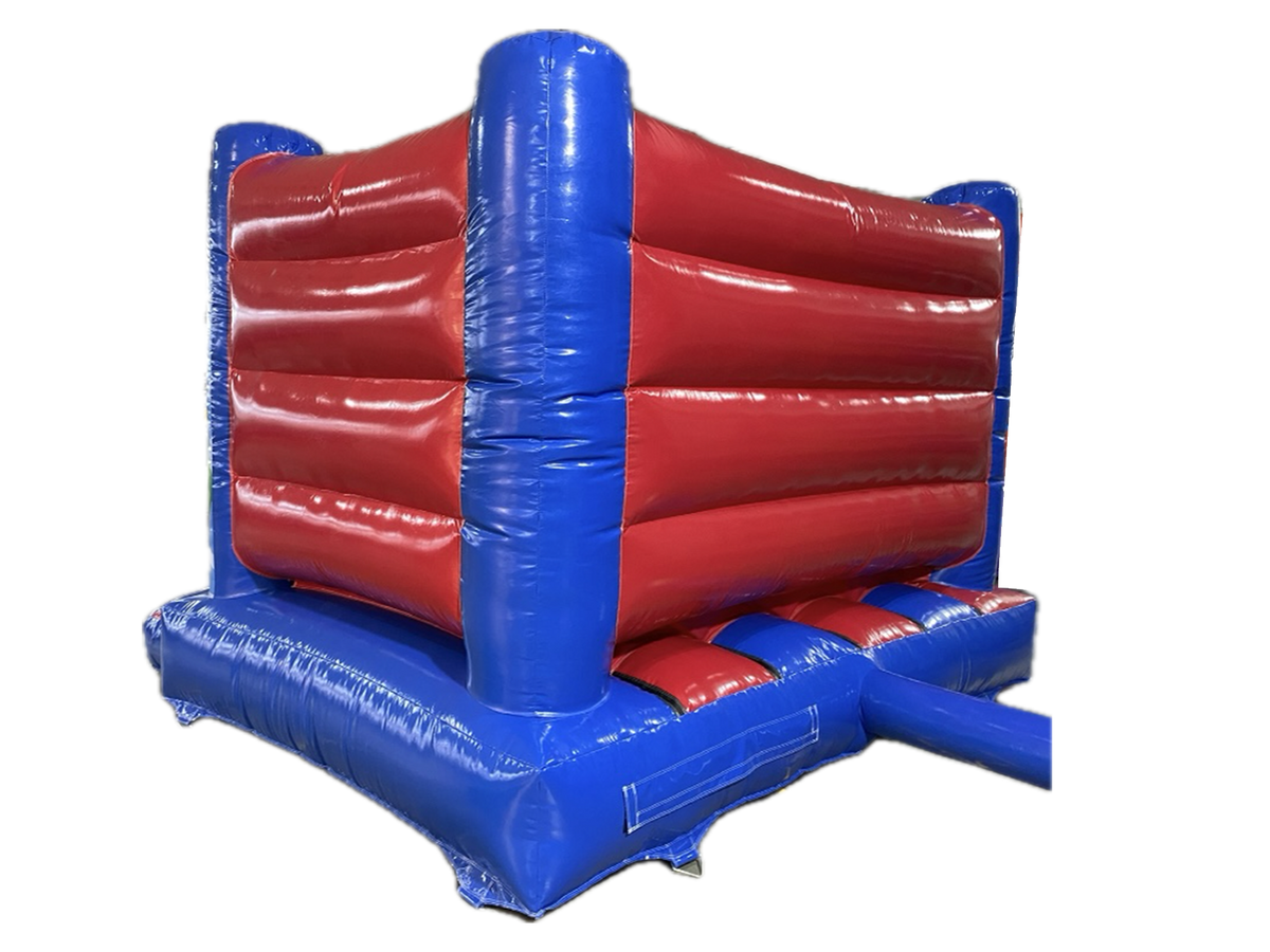 Airquee 4x4m blue and red H-frame bouncy castle with full-height walls for parties and events.