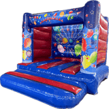 Airquee 4x4m blue and red H-frame bouncy castle with colourful balloon and streamer party artwork on glossy PVC