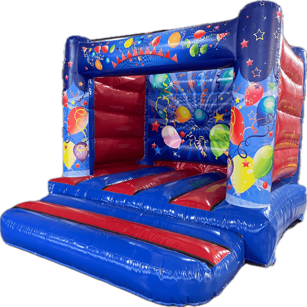 Airquee 4x4m blue and red H-frame bouncy castle with colourful balloon and streamer party artwork on glossy PVC
