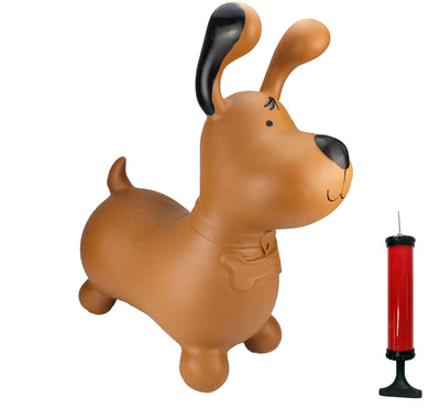 Airquee brown dog Happy Hopperz inflatable ride-on toy with floppy ears and a free hand pump for active play.