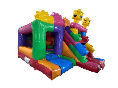 Airquee 3D building bricks inflatable bounce house with integrated slide, featuring colourful blocks and smiley faces.