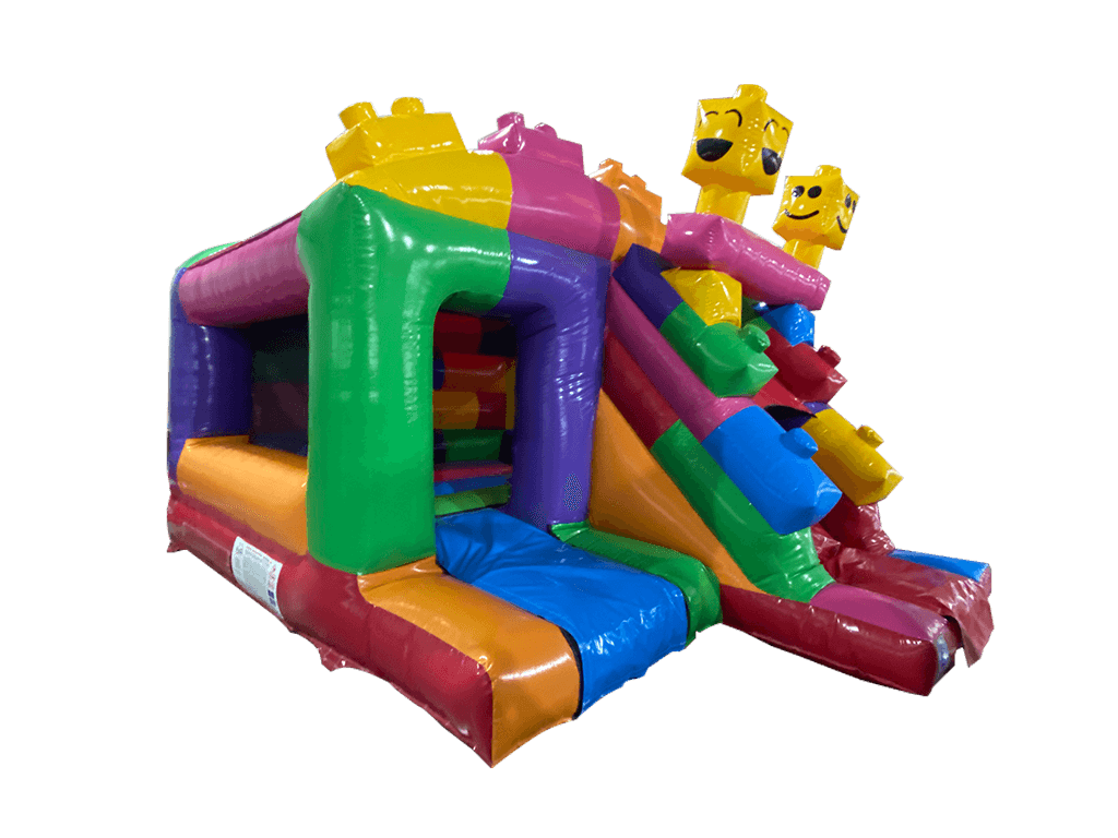 Airquee 3D building bricks inflatable bounce house with integrated slide, featuring colourful blocks and smiley faces.