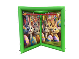 Airquee Catch It Game with Easter-themed backdrop featuring cute bunnies and colourful eggs for reaction challenges.