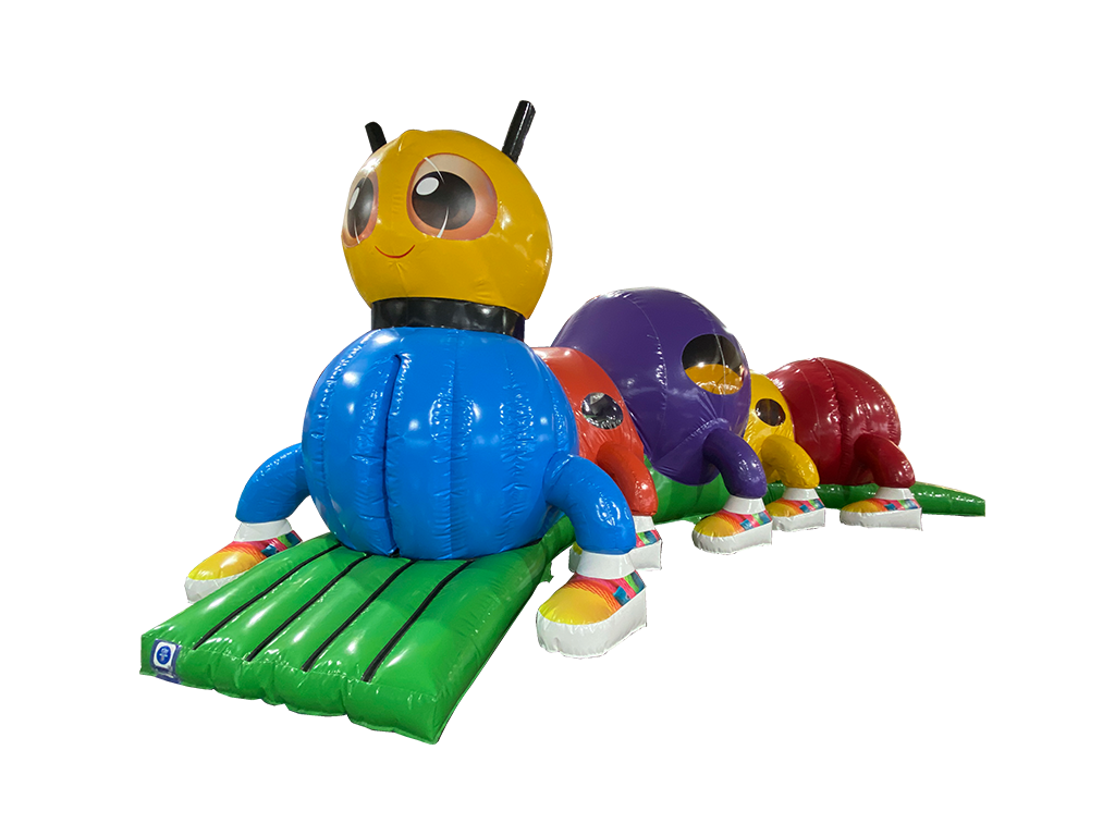 Airquee 1 Part Adventure Caterpillar inflatable obstacle course with bright multi-coloured segments for kids parties