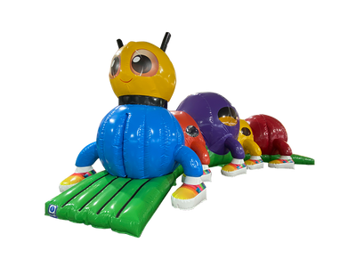 Airquee 1 Part Adventure Caterpillar inflatable obstacle course with bright multi-coloured segments for kids parties