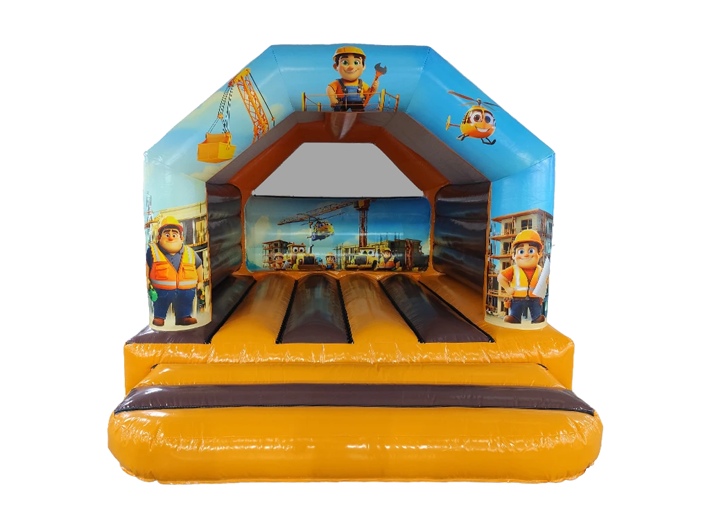 Airquee 15x12ft construction-themed A-frame bouncy castle with vibrant gloss PVC and illustrated builder characters.