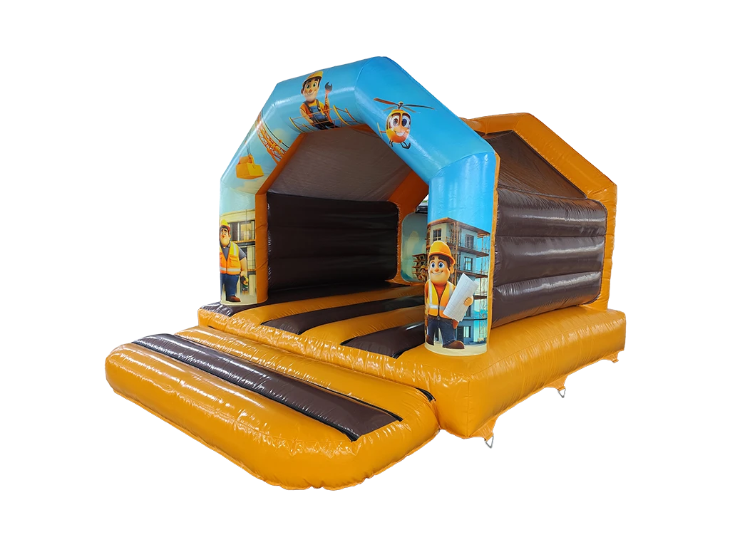 Airquee 15x12ft construction-themed A-frame bouncy castle with yellow and brown gloss PVC and roof cover.