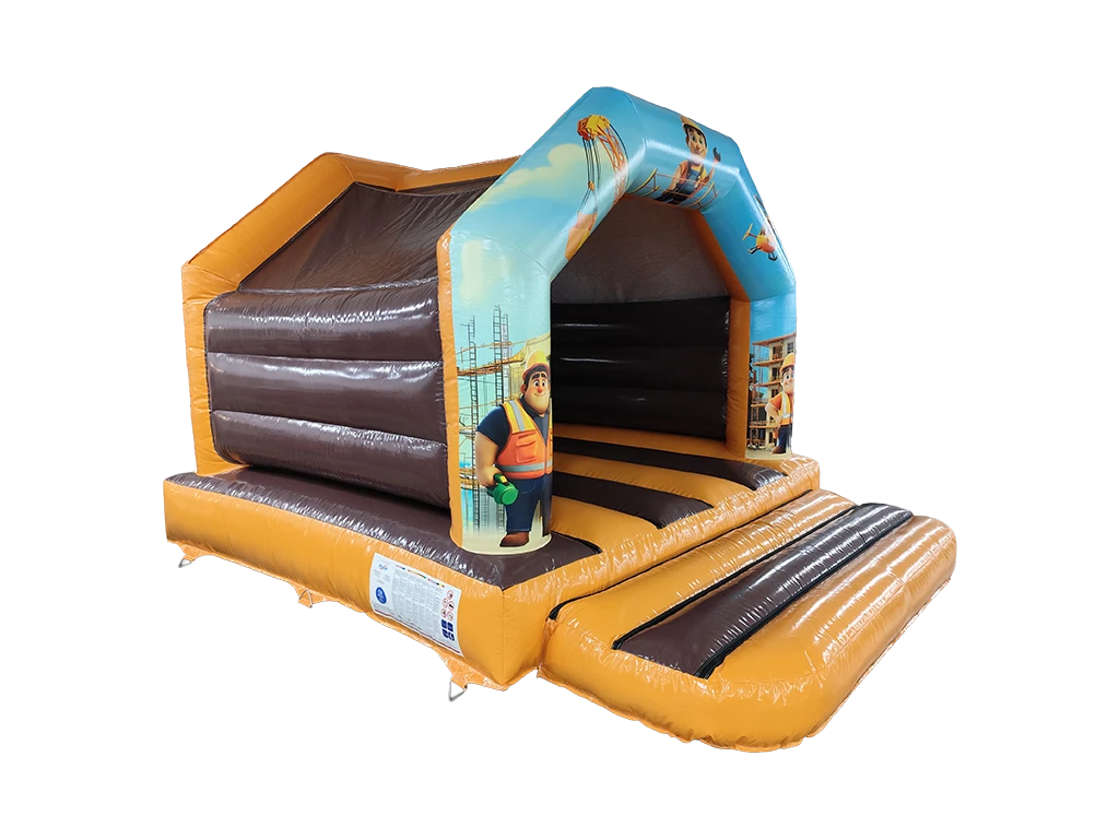 Airquee 15x12ft construction-themed A-frame bouncy castle with brown and orange PVC and vibrant builder graphics.