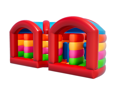 Airquee 7.5m curved inflatable obstacle course extension with red arches and colourful interior pillars