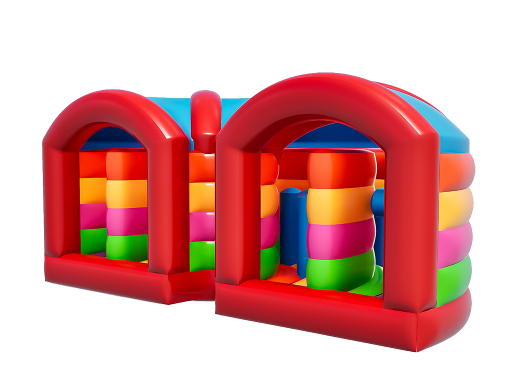 Airquee 7.5m curved inflatable obstacle course extension with red arches and colourful interior pillars