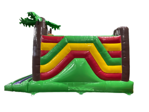 Airquee Dinosaur Adventure Multiplay inflatable with green, yellow, and red panels and a palm tree side view