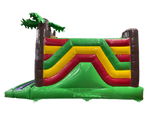 Airquee Dinosaur Adventure Multiplay inflatable with green, yellow, and red panels and a palm tree side view