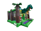 Airquee Dinosaur Adventure Multiplay inflatable with 3D T-Rex, jungle artwork, and slide for children's parties.