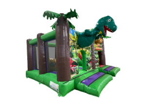 Airquee Dinosaur Adventure Multiplay inflatable with 3D T-Rex, jungle artwork, and slide for children's parties.