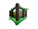 Airquee Dinosaur Adventure Multiplay inflatable with green jungle theme, 3D dinosaur features, and obstacle course.