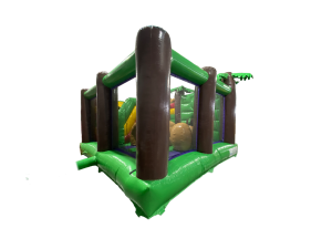 Airquee Dinosaur Adventure Multiplay inflatable with green jungle theme, 3D dinosaur features, and obstacle course.