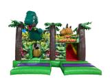 Airquee Dinosaur Adventure Multiplay inflatable with 3D T-Rex, triceratops, palm trees, and jungle-themed artwork.