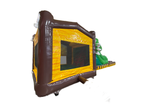 Airquee 3D dinosaur bounce house with yellow walls, netted panels, and a green T-Rex slide leading to an inflatable pool
