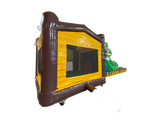 Airquee 3D dinosaur bounce house with yellow walls, netted panels, and a green T-Rex slide leading to an inflatable pool