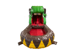 Airquee 3D dinosaur bounce house with a large green T-Rex slide and red inflatable pool for summer water play.