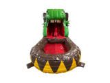 Airquee 3D dinosaur bounce house with a large green T-Rex slide and red inflatable pool for summer water play.