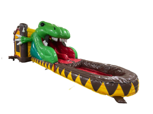 Airquee 3D dinosaur bounce house with a large T-Rex head, twin-lane red slide, and an attached inflatable pool.