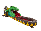 Airquee 3D dinosaur bounce house with a large T-Rex head, twin-lane red slide, and an attached inflatable pool.