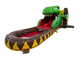 Airquee 3D dinosaur bounce house with a large T-Rex head, twin-lane red slide, and an attached inflatable pool.