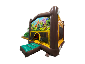 Airquee 3D dinosaur themed bounce house with colourful jungle artwork, netted panels, and a rear entrance step