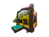 Airquee 3D dinosaur themed bounce house with colourful jungle artwork, netted panels, and a rear entrance step