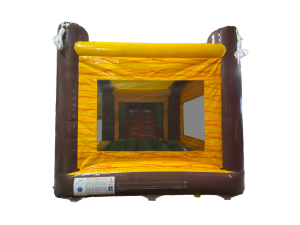 Airquee 3D dinosaur bounce house with yellow and brown inflatable walls and netted viewing panels for kids