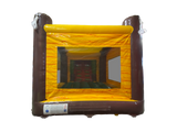 Airquee 3D dinosaur bounce house with yellow and brown inflatable walls and netted viewing panels for kids