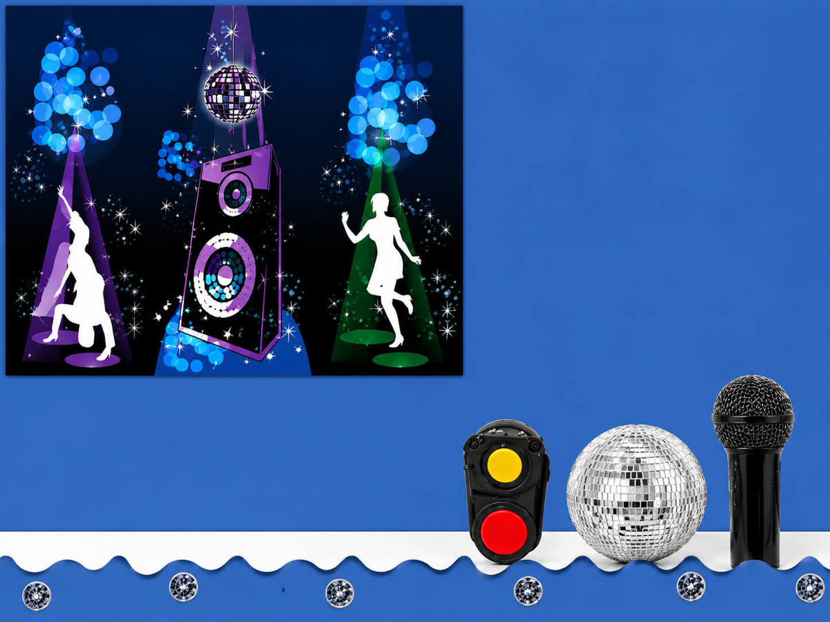 Airquee disco themed removable banner and obstacle set for inflatable globe with dancers, disco ball, and microphone.