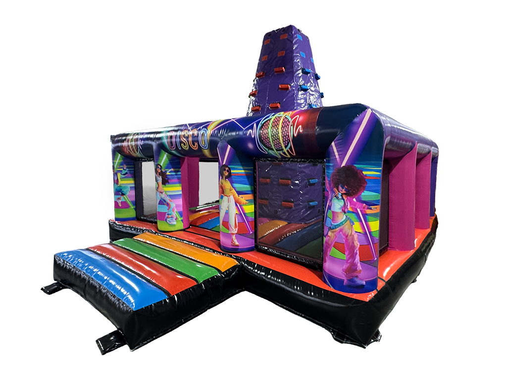 Airquee 6x6m disco-themed inflatable mountain climb with vibrant graphics, climbing wall, and safety walls