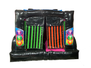 Airquee Disco Party Bus inflatable with black exterior, colourful striped entrance, and disco-themed speaker artwork.